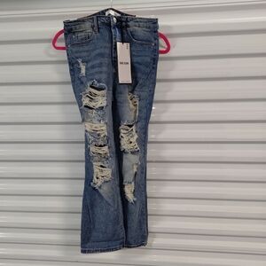 Almost Famous Dad Jean Distressed Ripped Straight Leg Blue Jr Sz 5 NWT